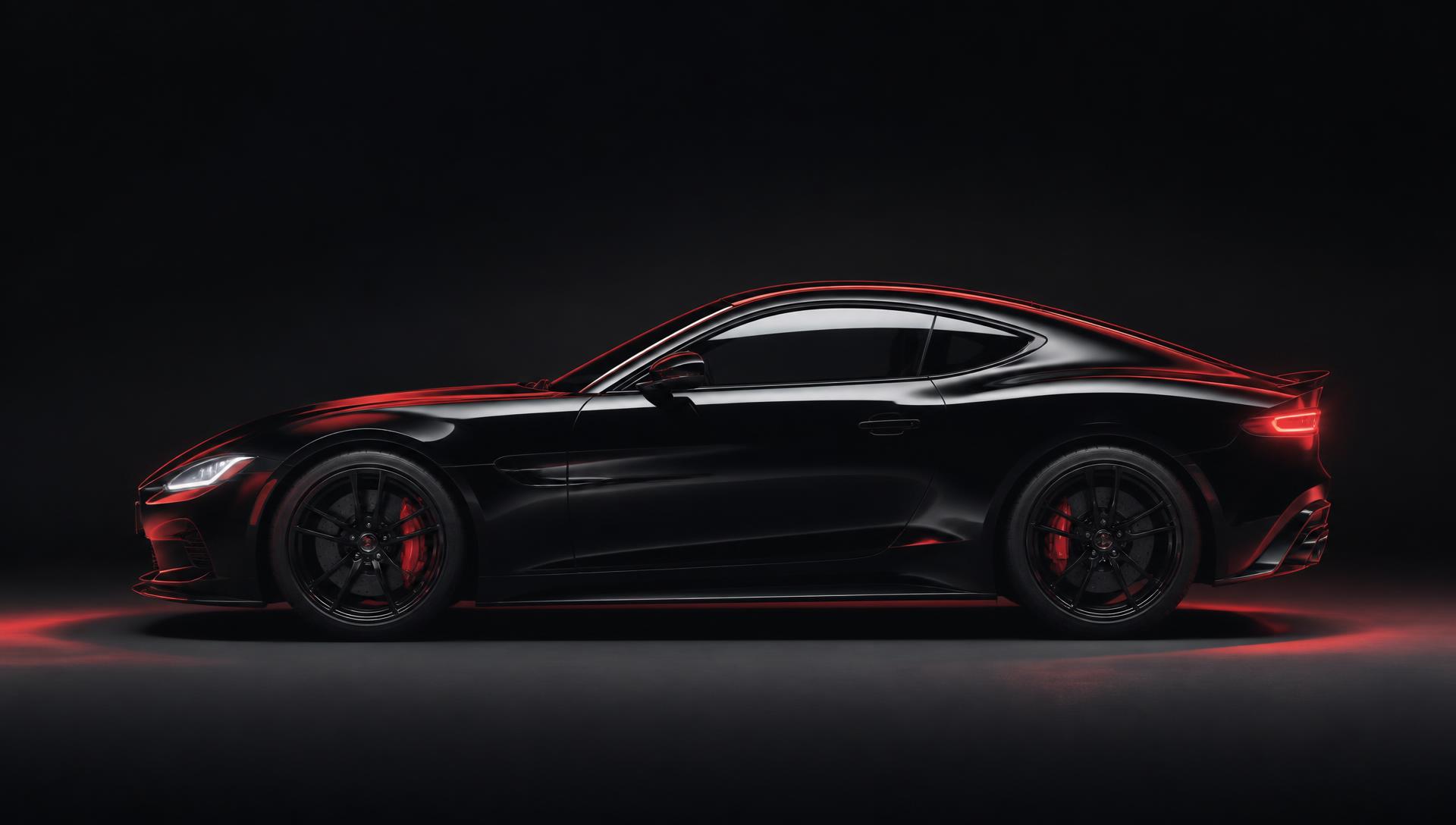 Coche deportivo negro de perfil sobre fondo oscuro